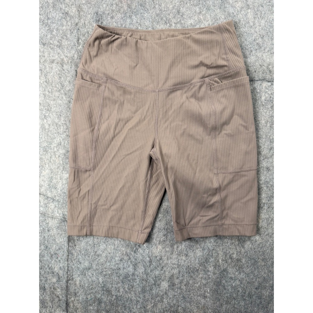 Mondetta Performance Luxury Ribbed Biker Shorts Taupe XS High Waist Pockets